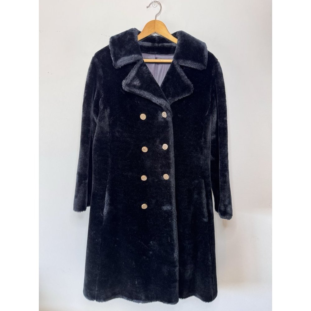 VTG B. Altman & Co. Fifth Avenue Womens Black Faux Fur Coat Lined Gold Button M